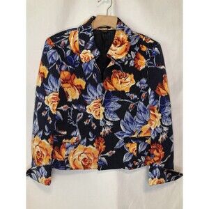 Ellen Tracy Blazer Jacket Tapestry 14 Blue Floral Open Front HIDDEN FLAW READ